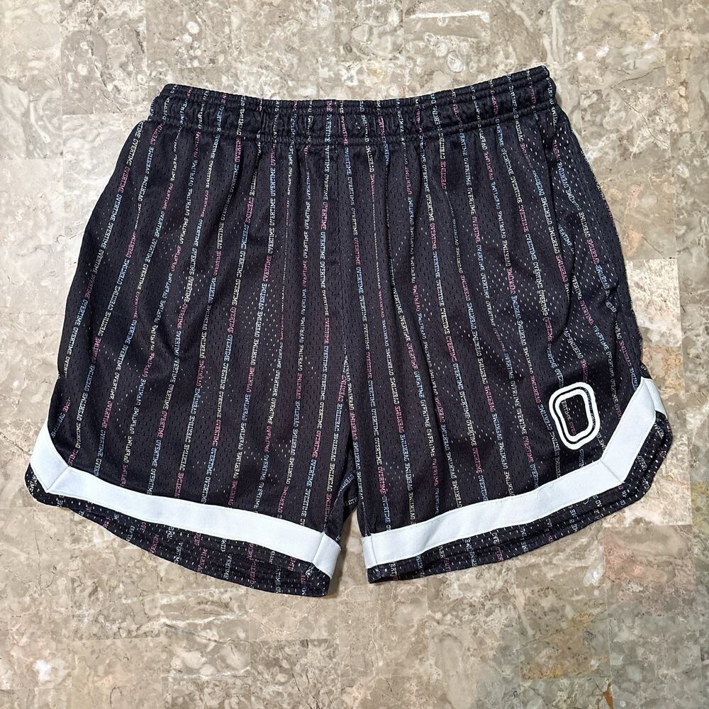 Overtime Shorts Mens Medium Black Striped 5” Mesh Flowy Basketball Gym